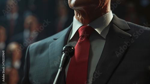 A mature adult man gives a speech and answer in court or at a pr