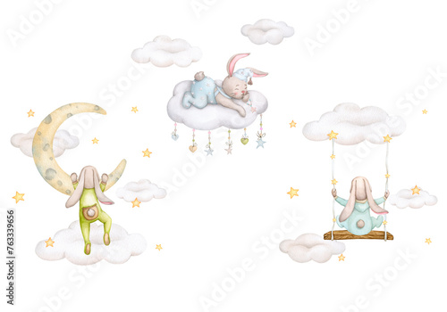 Set of watercolor compositions with cute little bunnies. Children's watercolor illustration. Birthday, baby shower, children's party. Design element for cards, posters, banners, logo, invitations.