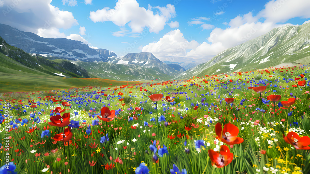 A tranquil meadow filled with colorful wildflowers, overlooked by a majestic mountain range