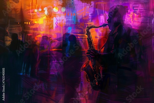 Dimly lit jazz club, saxophone weaving through neon-drenched room, shadowy figures, digital painting © Lucija