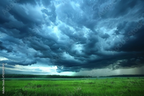 Dramatic thunderstorm clouds gathering over a serene landscape, portraying the power and beauty of nature.