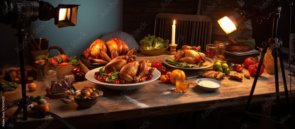 food photo studio concept, Composition with grilled chicken on the table