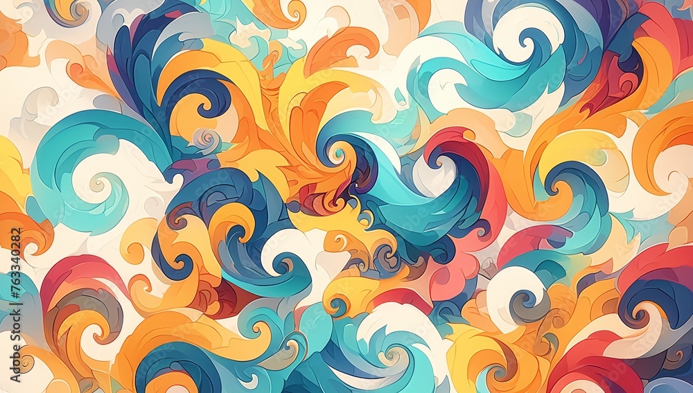 A swirling pattern of colorful waves and swirls creates an abstract background with vibrant colors