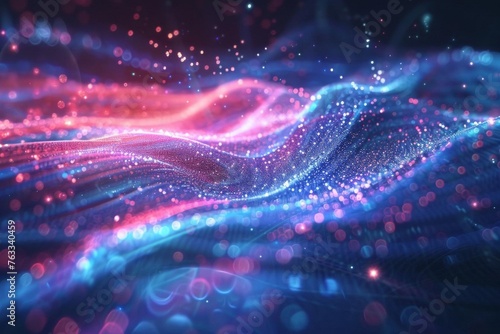 Dynamic science experiment with glowing particles and data visualization, digital illustration