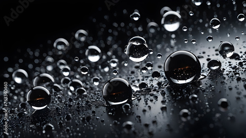  Black art glass ball splashes drops and micro macro splashes on black damp background. AI generated image, ai