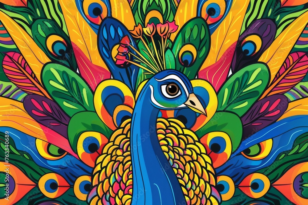 Graphic design of a peacock displaying its colorful feathers.