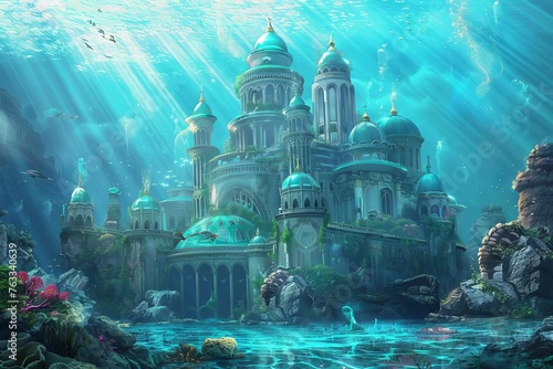 Enchanting mermaid palace under the sea, underwater fantasy architecture, digital painting