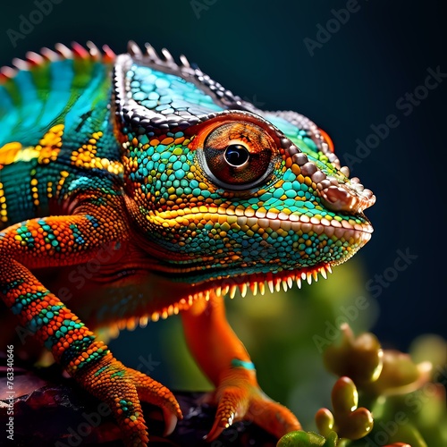 A Vibrant Display  Colorful Chameleon Captured Amidst Nature   s Beauty
