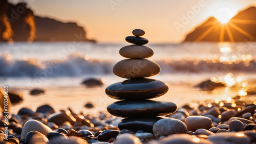 Balanced stones stack in the beach . AI generated image, ai. Balanced stones stack in water.