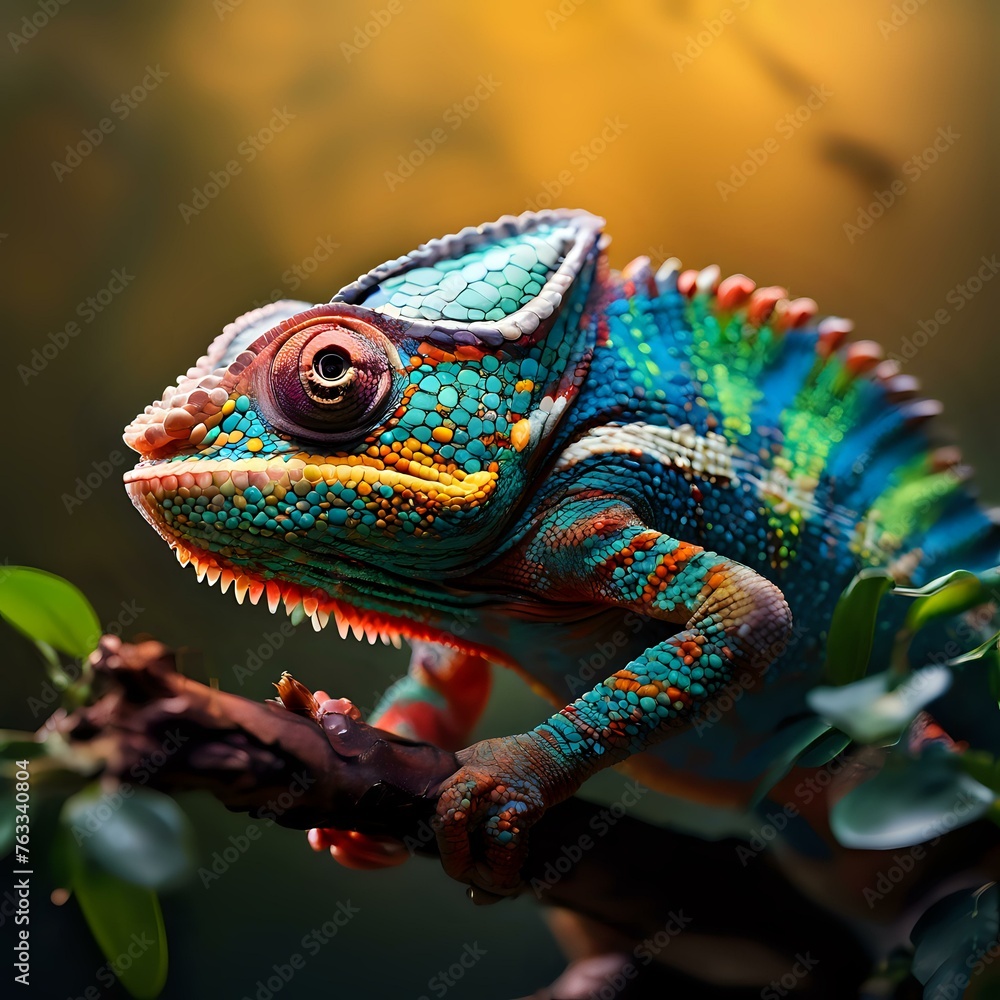 Obraz premium A Vibrant Display: Colorful Chameleon Captured Amidst Nature’s Beauty