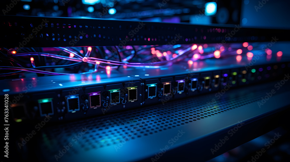 Obraz premium A network server's switch panel, where multiple fiber optic cables with glowing LED lights, highlighting the advanced technology that powers data communications