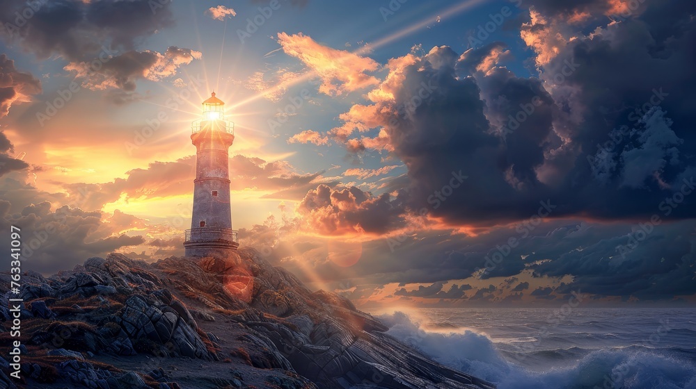 The sun sets behind a lighthouse, casting a warm glow over crashing waves and a dramatic cloud-filled sky.