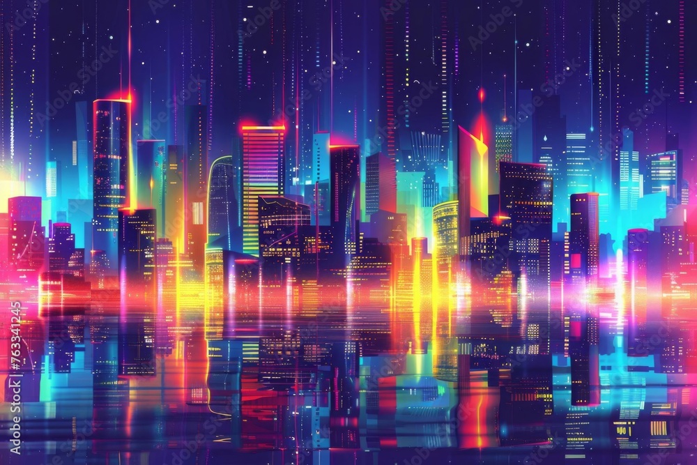 Futuristic city skyline with colorful neon lights and reflections, vector illustration