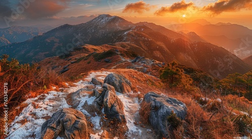 golden hour, red mountain peak, panoramic view, sunset, stunning landscape photography Generative AI © SKIMP Art