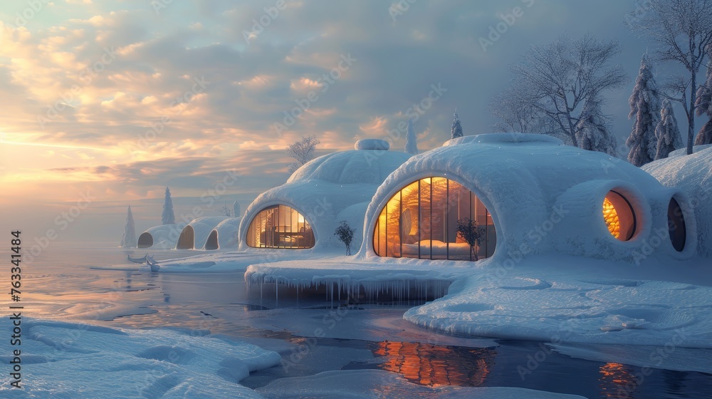 Futuristic igloos emanate a warm glow against the icy landscape, reflecting the golden hues of sunset in a tranquil frozen wonderland. Futuristic igloos emanate a warm glow against the icy landscape, reflecting the golden hues of sunset in a tranquil frozen wonderland.