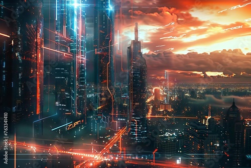 Futuristic cityscape with holographic interface elements  digital art