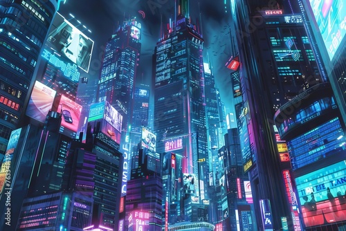 Futuristic cityscape with towering skyscrapers and holographic advertisements, cyberpunk digital illustration