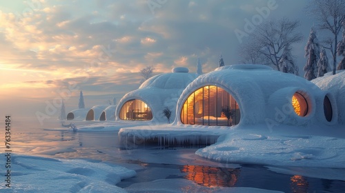 Futuristic igloos emanate a warm glow against the icy landscape, reflecting the golden hues of sunset in a tranquil frozen wonderland.