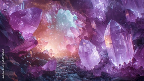 Inside a majestic amethyst cave with radiant purple crystals and a warm glow, evoking a sense of wonder.
