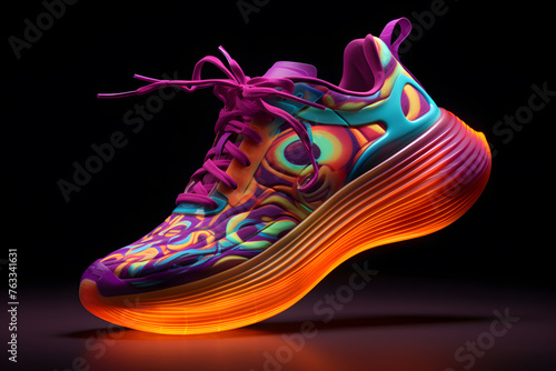 Creative bright sneaker in neon colors isolated on black background. Sport footwear 