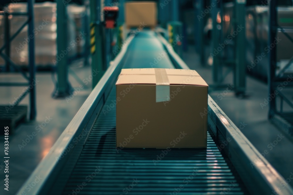 A box on the conveyor belt in a linear warehouse A box on the conveyor belt in a linear warehouse