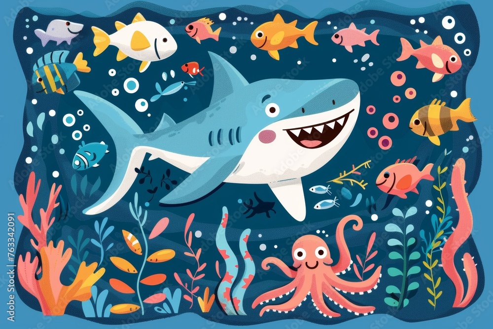 Vector illustration of a whimsical underwater scene with various sea creatures including a smiling shark, colorful fish, and a playful octopus.