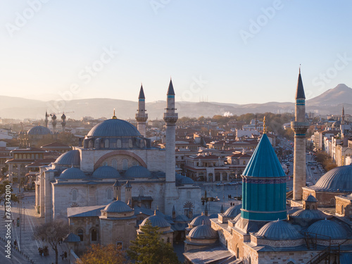 Mevlana Celaleddin Rumi Mosque (Mevlana Türbesi ve Cami) Night Lights Drone Photo, Mevlana Konya, Turkiye (Turkey) photo