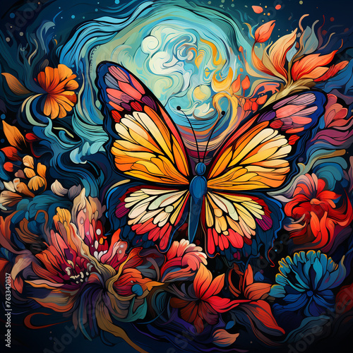 Abstract painting with vibrant colors of butterflies and blooming flowers. © Aisyaqilumar