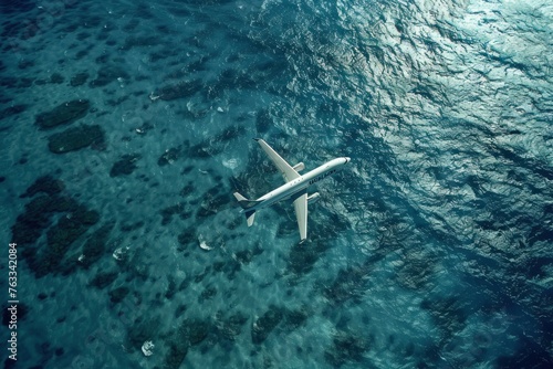 Realistic photograph of an airplane flying over the ocean