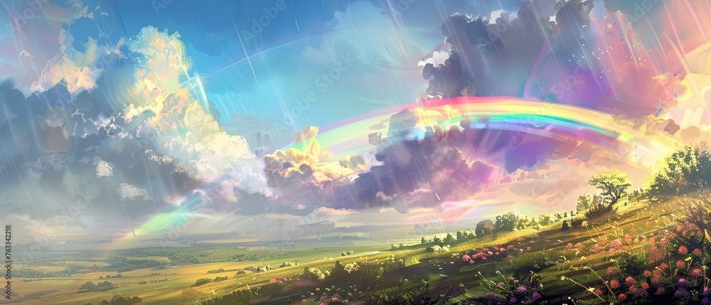 A gentle pastel rainbow arching over a lush meadow, symbolizing hope and the beauty of nature after the rain, A gentle pastel rainbow arching over a lush meadow, symbolizing hope and the beauty of nature after the rain,