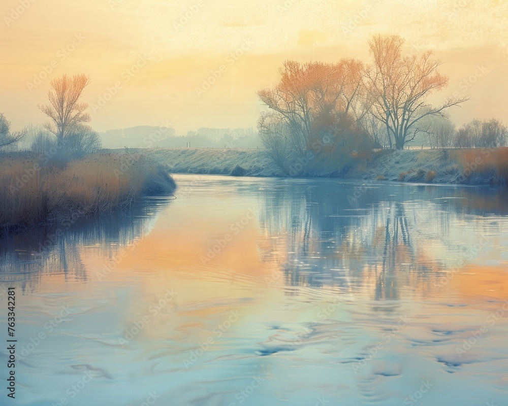 A gently flowing river with pastel reflections of the surrounding landscape, symbolizing tranquility and flow,