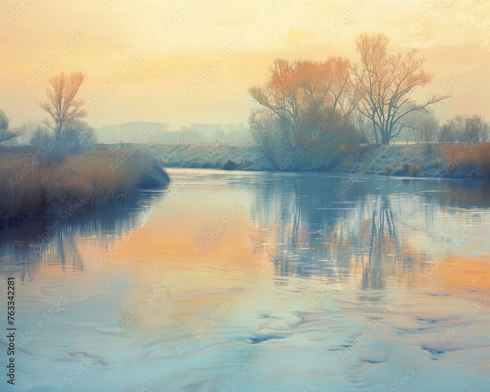 A gently flowing river with pastel reflections of the surrounding landscape, symbolizing tranquility and flow, A gently flowing river with pastel reflections of the surrounding landscape, symbolizing tranquility and flow,