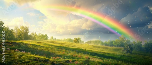 A gentle pastel rainbow arching over a lush meadow, symbolizing hope and the beauty of nature after the rain,