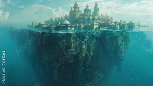 A fantastical city floats above the water, its elaborate buildings perched atop a massive, cliff-like foundation submerged in the ocean depths.