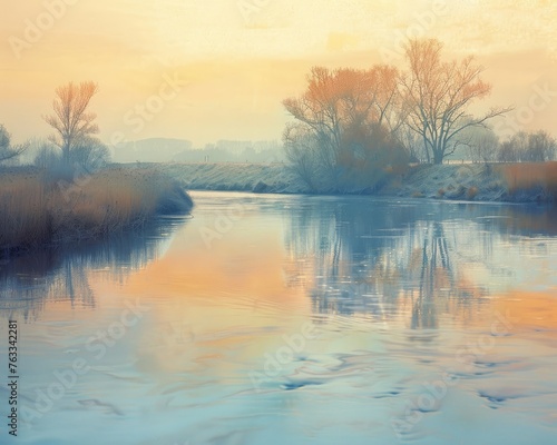 A gently flowing river with pastel reflections of the surrounding landscape, symbolizing tranquility and flow,