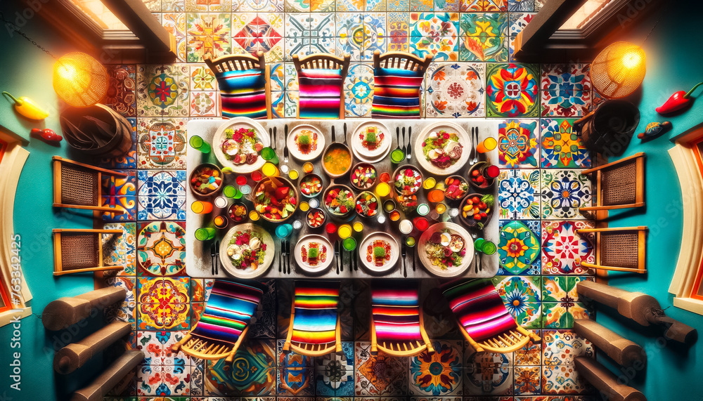 Festive Table Bursting with Color Under Vibrant Papel Picado