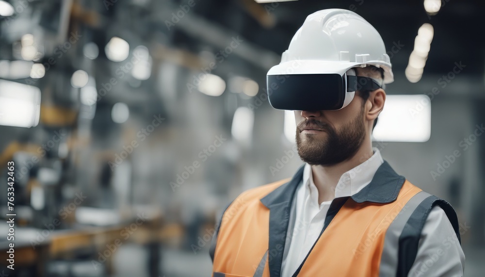 european factory worker wearing hard hat and work clothes in white augmented virtual reality glasses european factory worker wearing hard hat and work clothes in white augmented virtual reality glasses