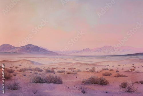 A panoramic view of a pastel desert at twilight, capturing the subtle colors and textures of the sand,