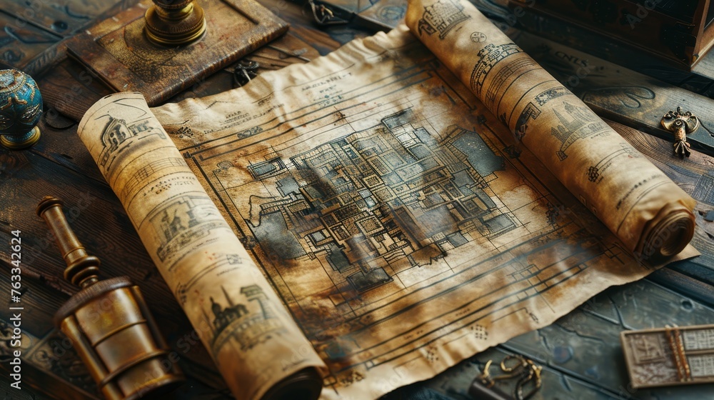 A desk holds a trove of secrets with ancient architectural blueprints, nautical tools, and mysterious artifacts, reminiscent of an explorer's discoveries.