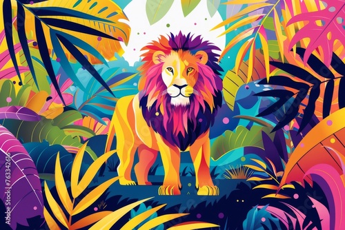 Illustration of a majestic lion in a colorful, abstract jungle environment.
