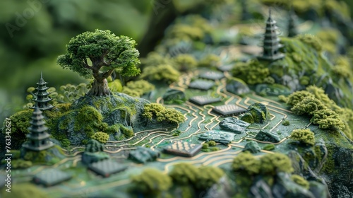 A beautifully detailed miniature Zen garden, complete with lush bonsai trees and meandering pathways, creating a peaceful green haven.