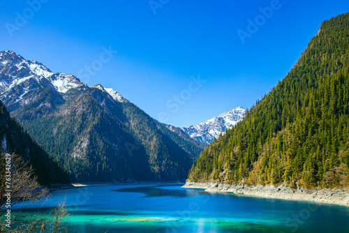 Jiuzhaigou Valley, Aba Qiang and Tibetan Autonomous Prefecture, Sichuan Province - beautiful lakes and mountains under the blue sky