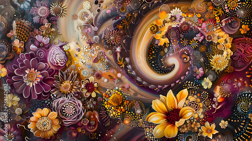 Fototapeta Naklejka Na Ścianę i Meble -  A whimsical composition featuring whimsical swirls of autumn flowers in warm tones of rust, mustard, and burgundy, dancing against a backdrop of swirling psychedelic patterns