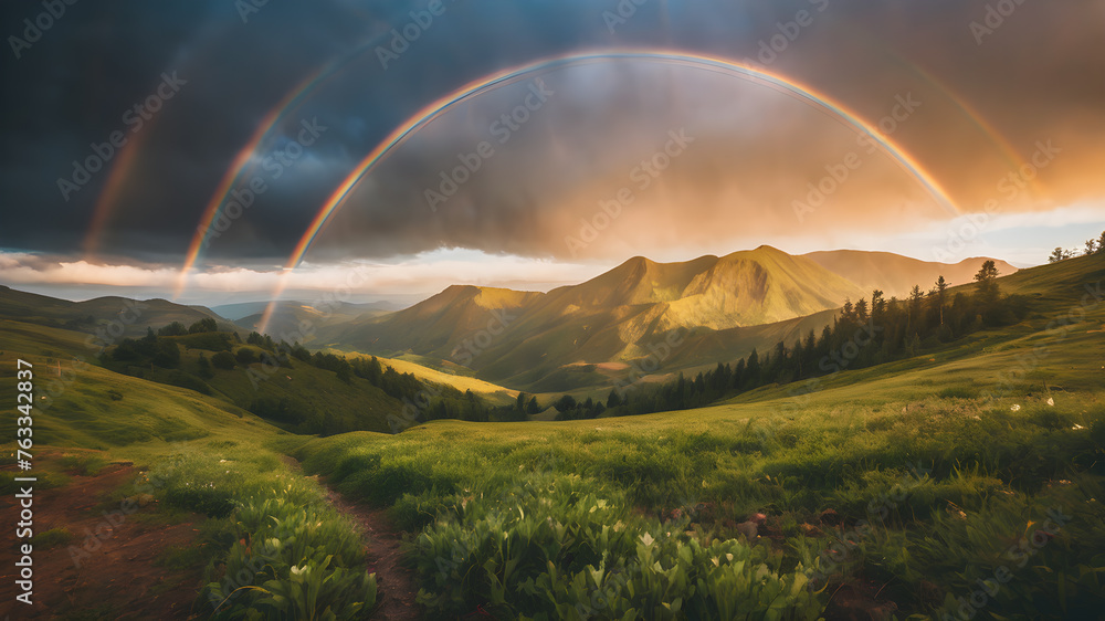Mountain landscape with a rainbow over flowers.