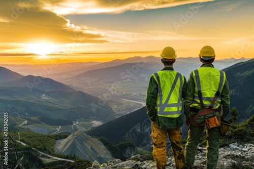 Two engineers wearing yellow safety helmets and green workwear