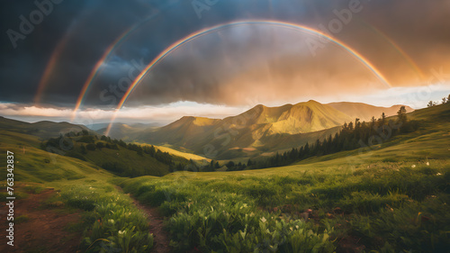 Mountain landscape with a rainbow over flowers.