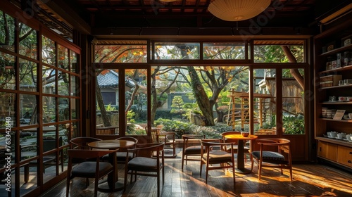 Inside a cozy Japanese cafe, natural light floods in, highlighting wooden furniture and offering patrons a serene garden view.