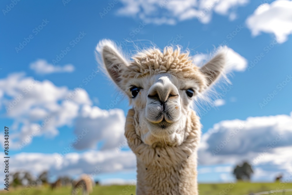 A cute alpaca smiles at the camera against blue sky with clouds
