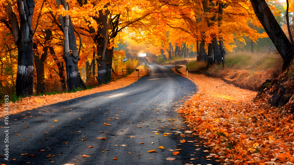 A winding country road lined with trees ablaze in vibrant autumn colors, with golden leaves carpeting the ground