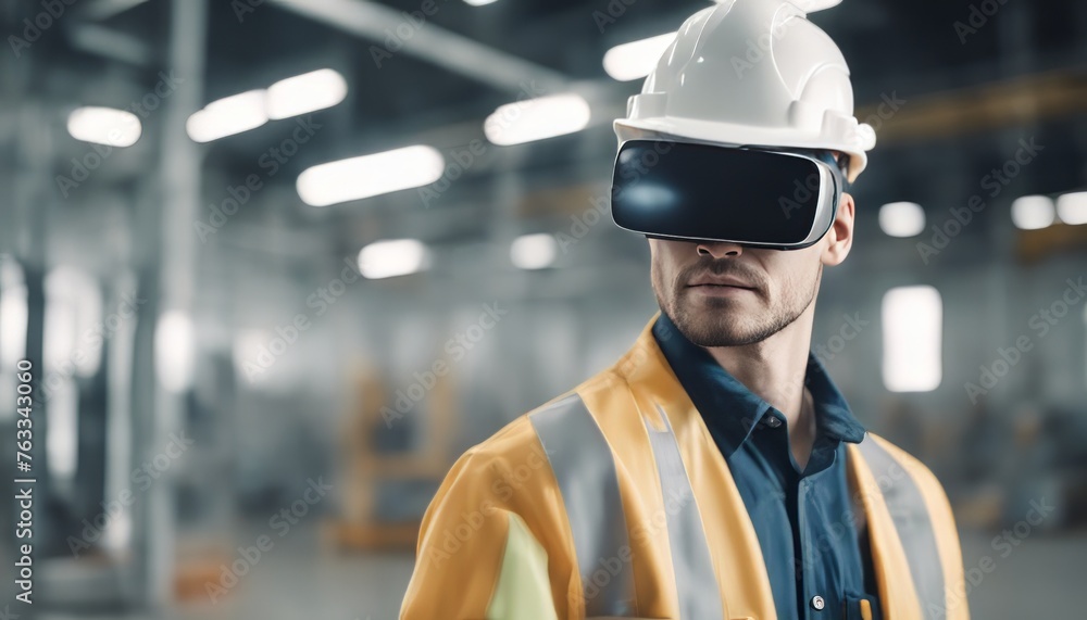 european factory worker wearing hard hat and work clothes in white augmented virtual reality glasses european factory worker wearing hard hat and work clothes in white augmented virtual reality glasses